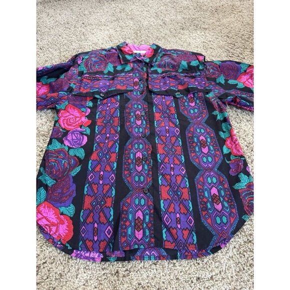 ADOBE ROSE Vtg Purple Floral Button Shirt Western Rodeo Aztec Rockabilly LARGE - Picture 9 of 12